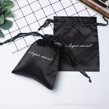 2021 Silk Printing Black Satin Drawstring Gift Pouch Custom silk bags with logo